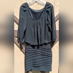 B Darlin Black Pleated Front Midi Dress with Sheer Sleeves